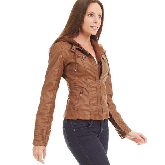 NWOT Trends Faux Leather Barcelona Jacket With Hoodie In Camel - Picture 3 of 7